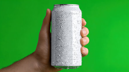 Hand holding cold white aluminum soda canの写真素材