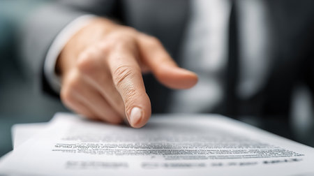 Close up of a finger pointing at a documentの写真素材