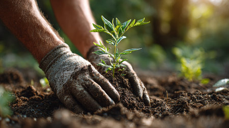 Planting a young sapling in rich soil