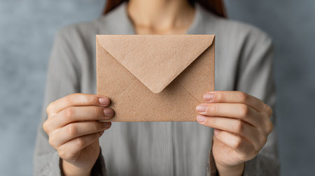 Woman holding a brown kraft paper envelopeの写真素材