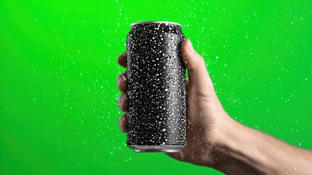 Hand holding cold black soda can green backgroundの写真素材