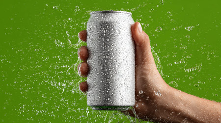 Hand holding cold aluminum can with water droplets