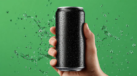 Hand holding black aluminum can with water splash