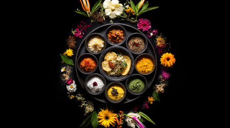 Vibrant indian spices and rice dish with flowers