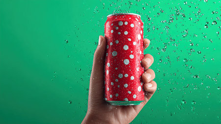 Hand holding red polka dot soda can with water dropsの写真素材