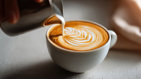 Barista pouring milk into latte art coffeeの写真素材