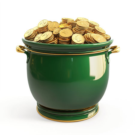 Golden coins in green pot isolated on white background. 3d illustrationの写真素材