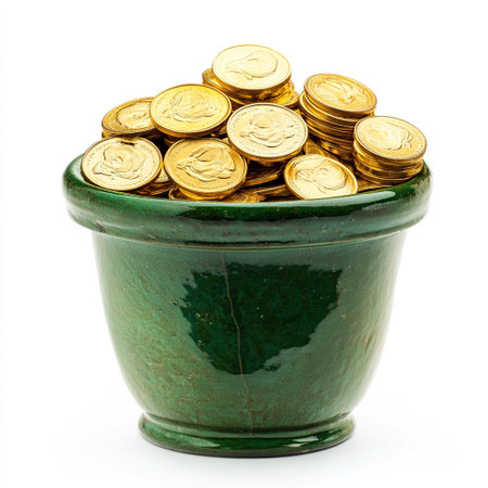 Coins in a green pot on a white background. Isolatedの写真素材