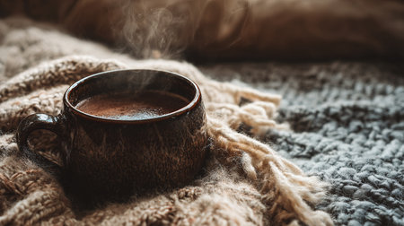 Warm cozy winter coffee mug on knit blanketの写真素材