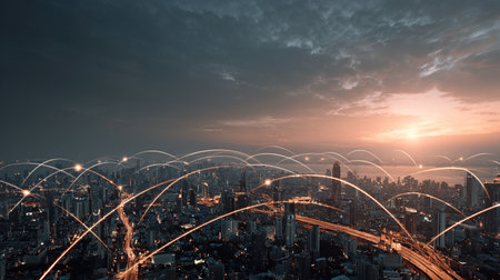 Global network connections over illuminated cityscape at sunsetの写真素材
