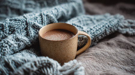 Cozy hot chocolate in speckled mug with knit blanketの写真素材