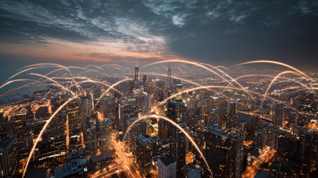 Night cityscape with illuminated network connectionsの写真素材