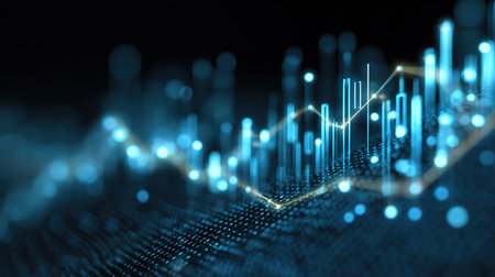 Abstract blue data visualization with rising trend lineの写真素材