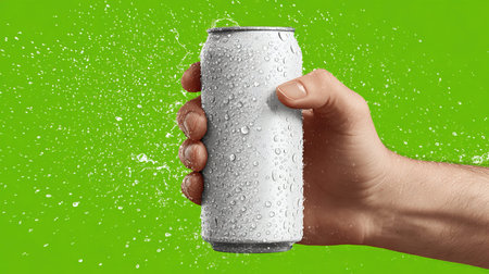 Hand holding cold aluminum can with water droplets