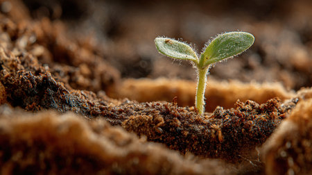 Tiny sprout emerging from rich soilの写真素材