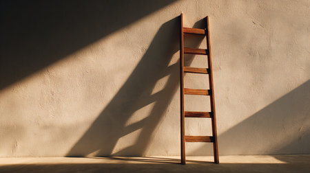 Wooden ladder against beige wall with sunlightの写真素材