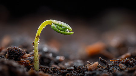 Closeup of a seedling sprouting from soil with dew drops