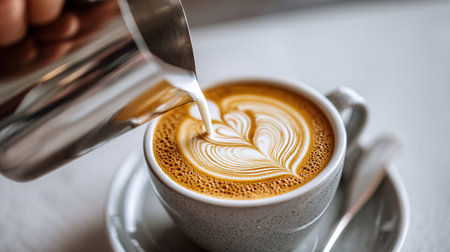 Barista pouring latte art into coffee cupの写真素材