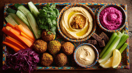 Mediterranean mezze platter with hummus and falafelの写真素材