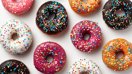 Assorted colorful donuts with sprinkles top viewの写真素材