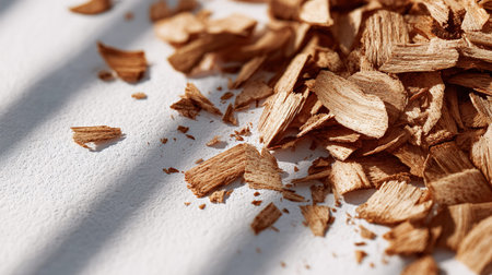 Closeup of light brown wood shavings on white