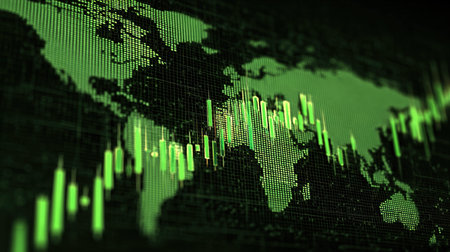 Global stock market data visualization green candlestick chart