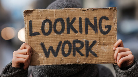 Person holding cardboard sign seeking workの写真素材