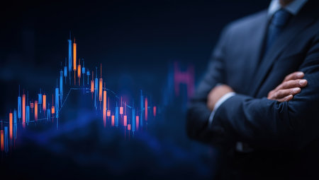 Businessman with arms crossed analyzing stock market chartの写真素材