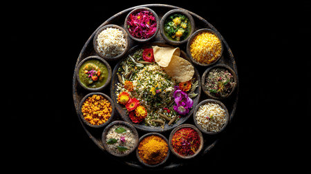 Assorted indian spices and rice dishes on wooden trayの写真素材