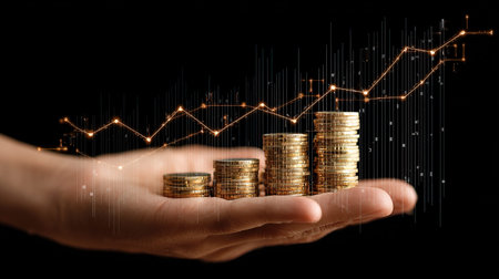 Growing financial investments hand holding coins graph