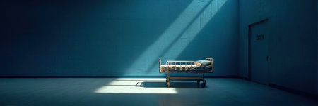 Eerie hospital bed bathed in light in a blue roomの写真素材
