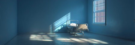 Sunlit hospital bed in a stark blue room