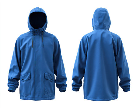 Blue hooded raincoat, front and back views isolated on white backgroundの写真素材