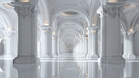 Endless white hall with arches and columns reflecting on floorの写真素材