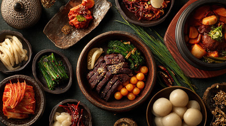 Korean feast savory meats, kimchi, and colorful side dishesの写真素材