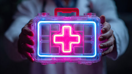 Illuminated first aid kit held by a medical professionalの写真素材