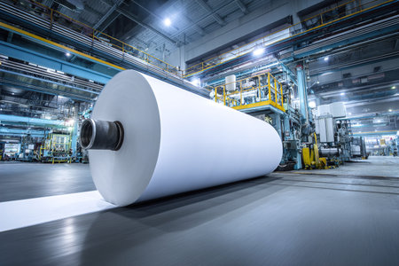 Giant paper roll unwinds in a bluetoned industrial settingの写真素材