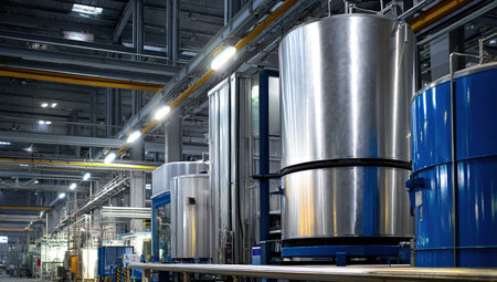 Modern industrial factory interior with large metal tanks
