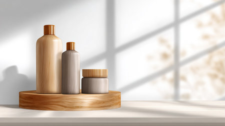 Wooden cosmetic bottles on display standの写真素材