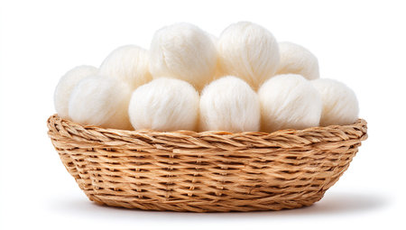Soft white wool balls in a wicker basket
