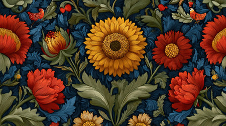 Dark floral seamless pattern with sunflowers and birdsの写真素材