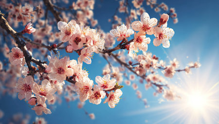 Beautiful pink almond blossoms in spring sunlight