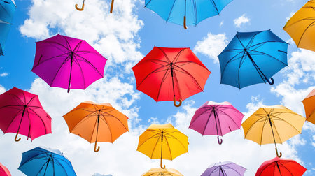 Colorful umbrellas floating in a sunny sky