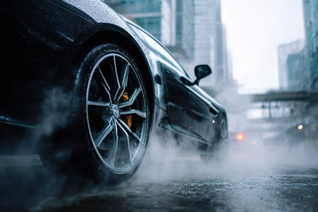 Luxury sports car driving in city rain