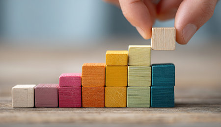 Hand placing wooden block on colorful staircase