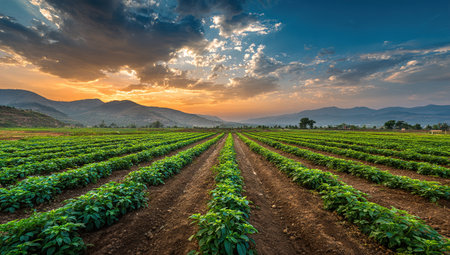 Vibrant green crop rows at sunset in mountain valleyの写真素材