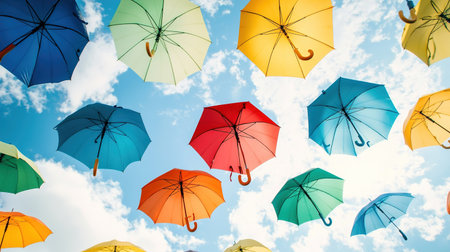 Colorful umbrellas floating in a sunny skyの写真素材