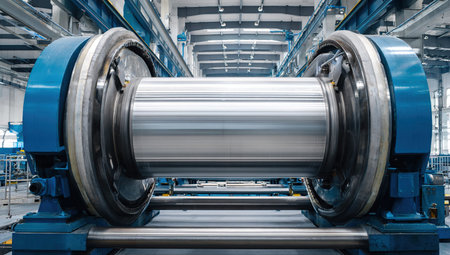 Large metal roller in industrial factory setting