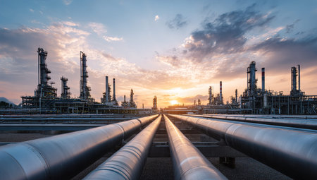 Industrial refinery pipelines at sunset