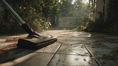 Wet tile patio cleaning with vacuum cleanerの写真素材